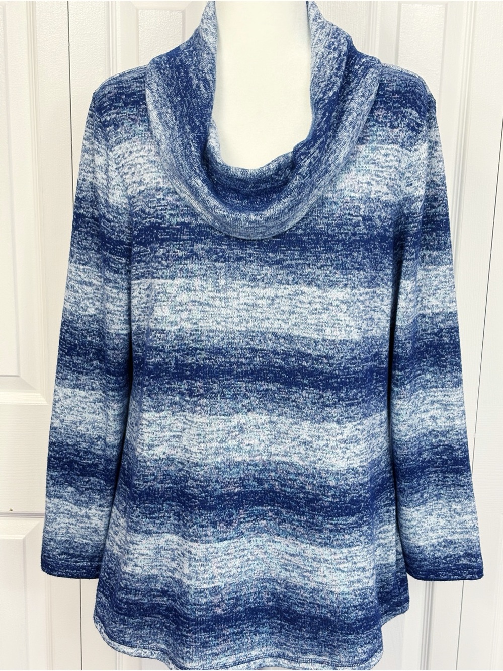 T by Talbots Cozy Heather Blue Stripe Knit Draped Cowl Neck Sweater Large